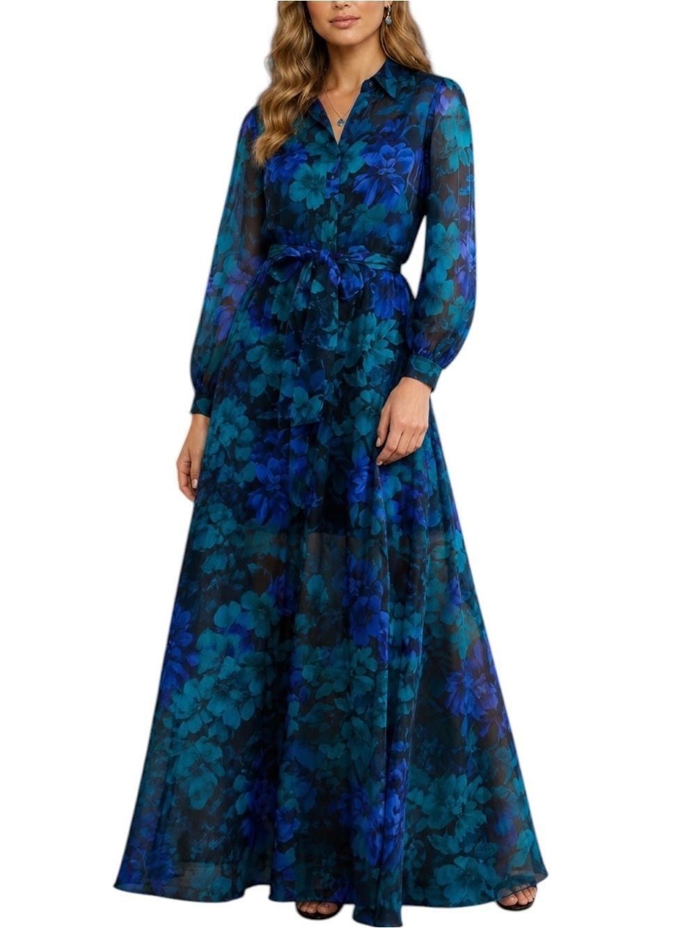 NWT JULIA JORDAN Floral Sheer Long Sleeve Tie Waist Maxi Shirt Dress Size 4